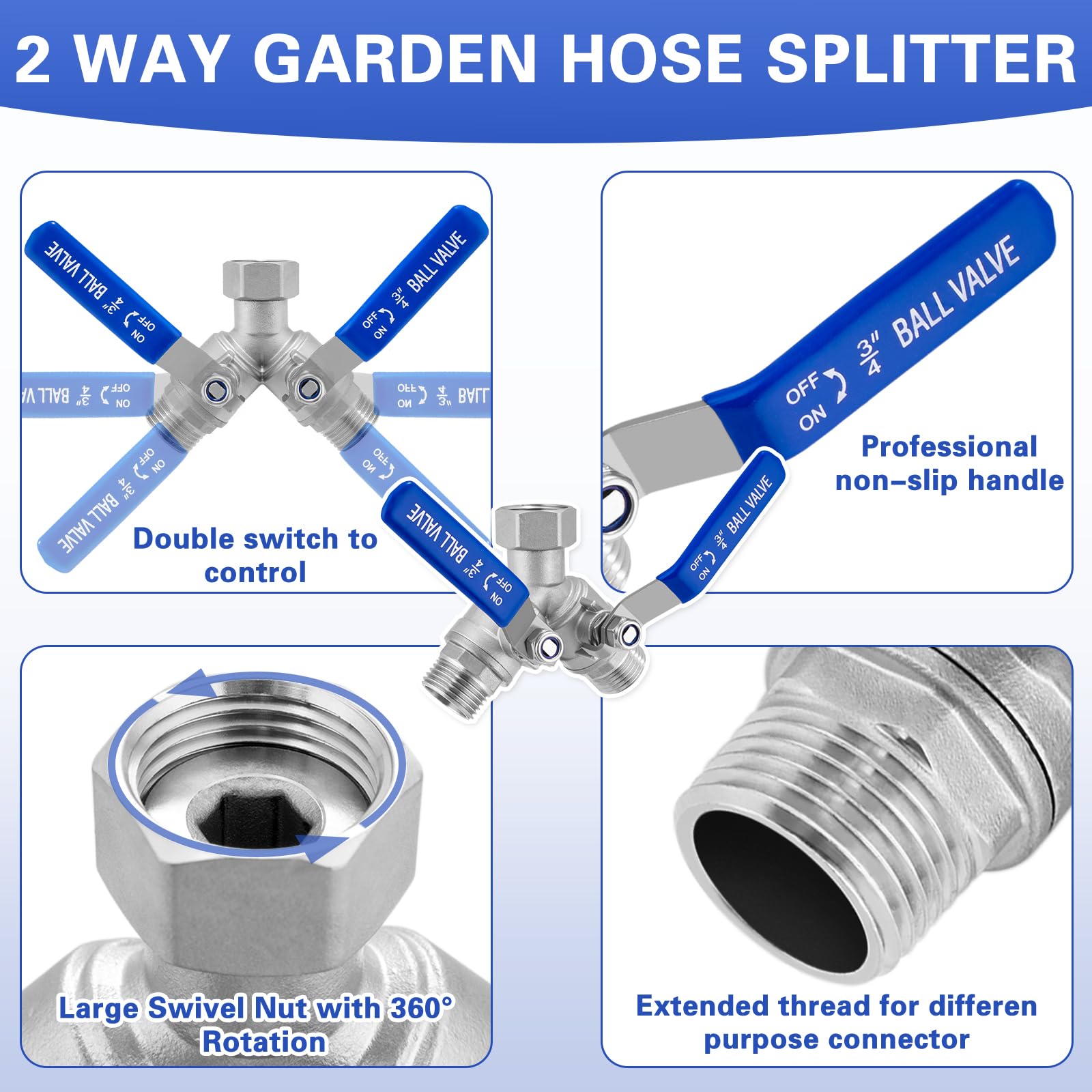 Garden Hose Splitter 2 Way, 304 Stainless Steel Heavy Duty Water Hose Splitter with Long Handle, 3/4" GHT Thread Y Valve Water Garden Hose Tap Adapter, Full Flow Water Splitter Connector