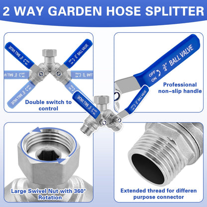 Garden Hose Splitter 2 Way, 304 Stainless Steel Heavy Duty Water Hose Splitter with Long Handle, 3/4" GHT Thread Y Valve Water Garden Hose Tap Adapter, Full Flow Water Splitter Connector
