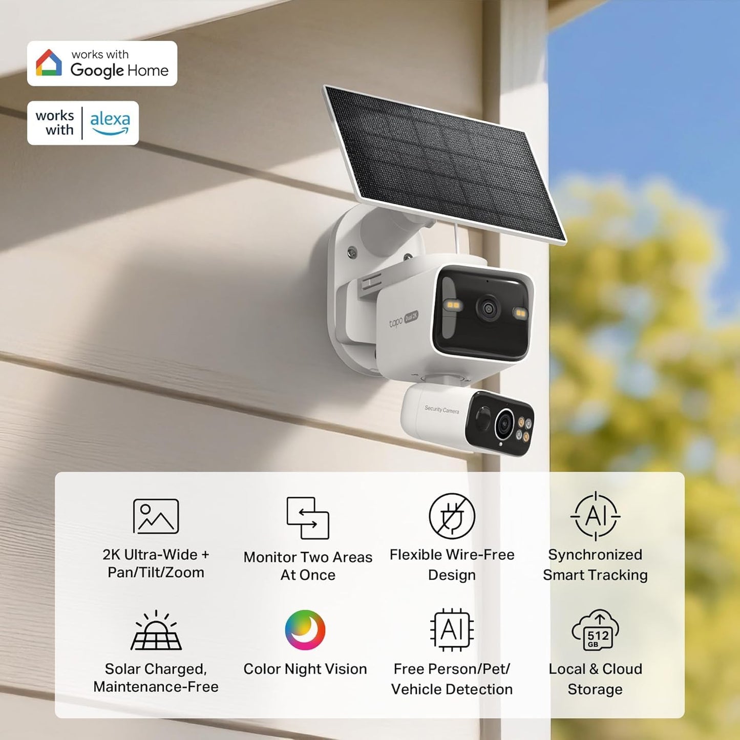 Tapo 2K Dual Lens 360° Pan/Tilt Security Battery Camera Wireless w/Solar Panel, 165° Wide View + 6mm Telephoto, Free Person/Vehicle Detection, SD/Cloud Storage, Works w/Alexa & Google (Tapo C645D KIT)