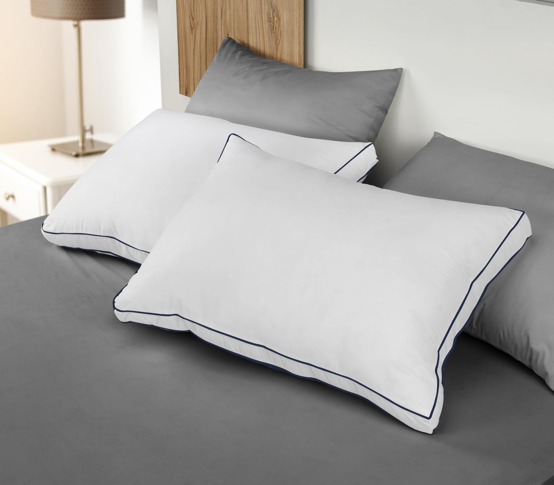 Utopia Bedding Bed Pillows for Sleeping Queen Size (Navy Hem), Set of 2, Cooling Hotel Quality, Gusseted Pillow for Back, Stomach or Side Sleepers
