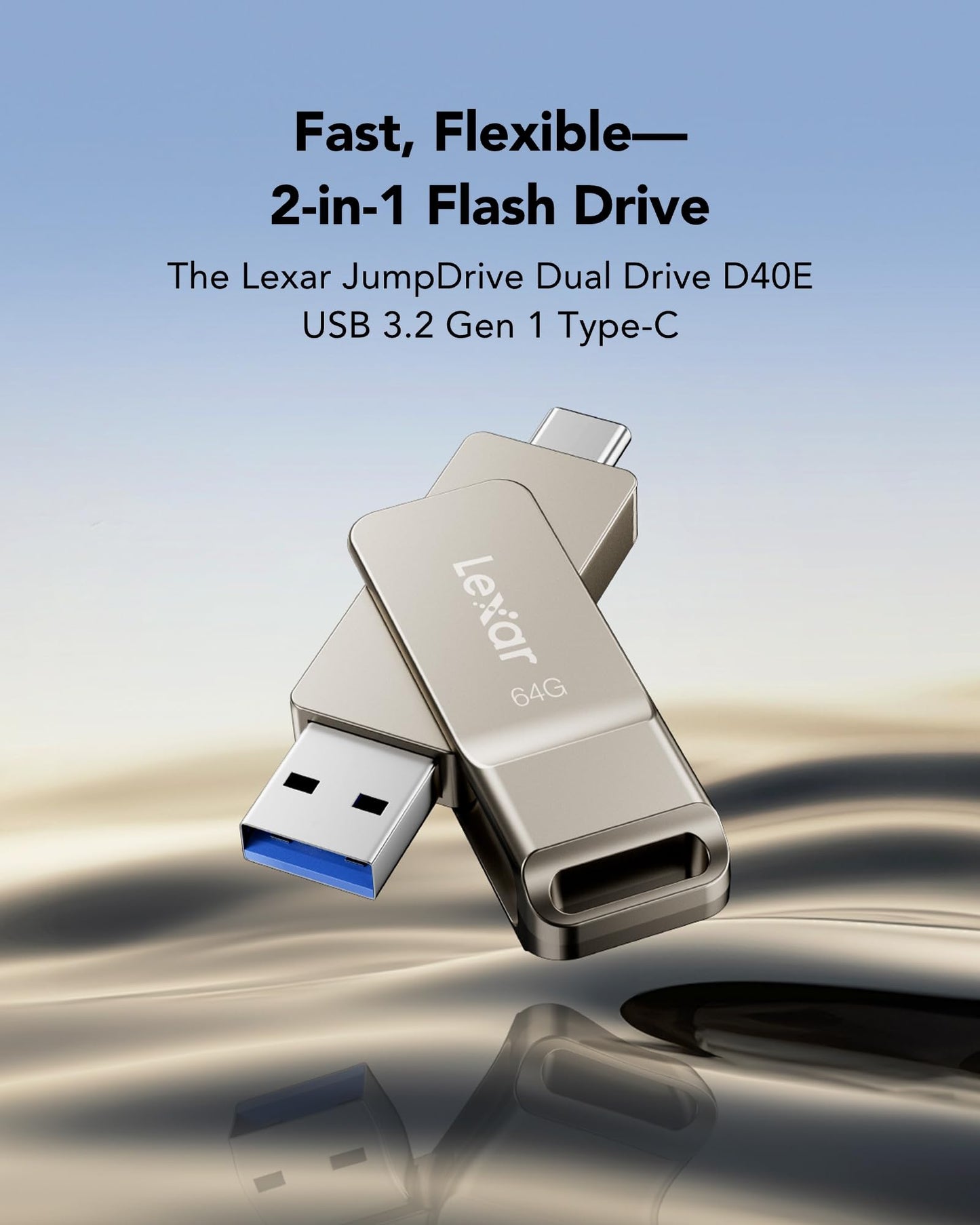 Lexar D40E 64GB Dual USB 3.2 Gen 1 Type-C Jump Drive, USB-C Flash Metal Housing Swivel Design Thumb Drive (Champagne Silver)
