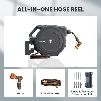 Giraffe Tools Garden Hose Reel Retractable 1/2" x 100 ft Wall Mounted Water Hose Reel Automatic Rewind, Any Length Lock, 100ft, Dark Grey AW30 - Available at All In One Marketplace Canada