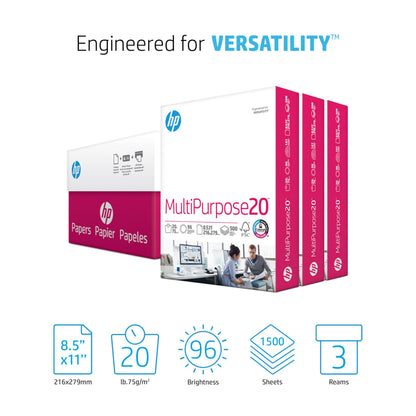HP Printer Paper 8.5x11 MultiPurpose 20 lb 3 Ream Case 1500 Sheets 96 Bright Made in USA FSC Certified Copy Paper HP Compatible 112530C