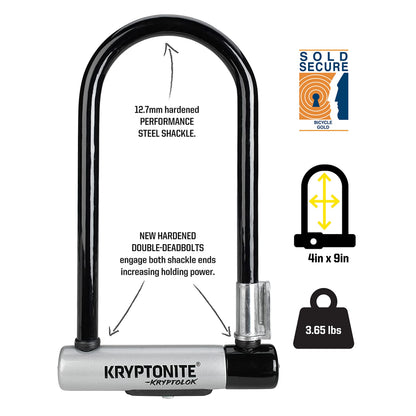 Kryptonite Kryptolok Standard 12.7mm U-Lock Bicycle Lock with FlexFrame-U Bracket & KryptoFlex 410 10mm Looped Bike Security Cable