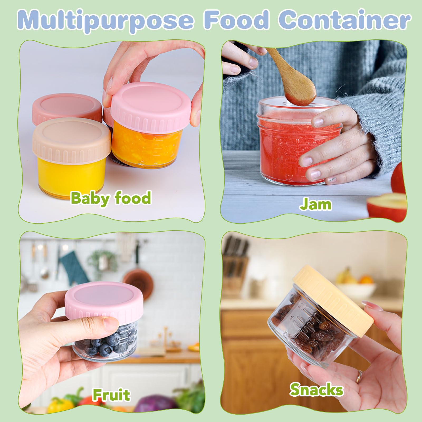 8 Pack Glass Baby Food Storage Containers, 4 oz Leakproof Baby Food Jars with Lids, Small Glass Food Containers for Infant Baby Food, Freezer & Microwave Safe, BPA Free