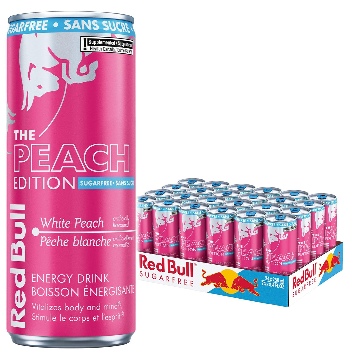 Boisson énergisante Red Bull, Pêche blanche, Sans sucre, 250 ml (lot de 24)