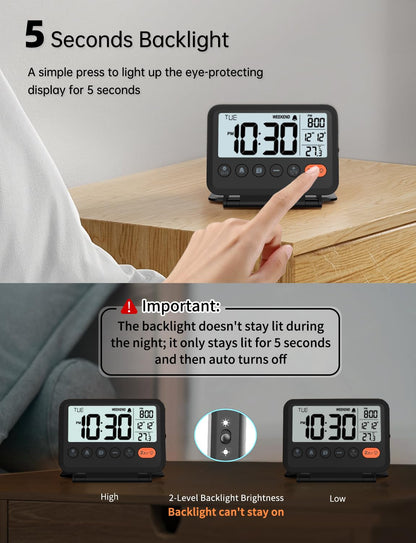 MeesMeek Digital Travel Alarm Clock: Small Bedside LCD Clock with Date Temperature Snooze Backlight 12/24H Weekend Mode and 2 Volume, Desk Clock for Kids Office Bedroom, Battery Included (Black) - Available at All In One Marketplace Canada