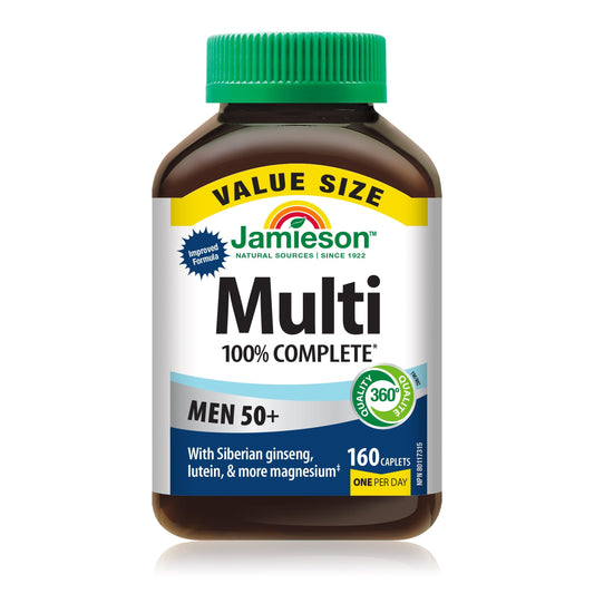 Jamieson 100% Complete Multivitamin For Men 50+, with Siberian Ginseng, Lutein, and More Magnesium. Supports Immunity, Energy, Overall Health, Eye Support, and Bone Health, Gluten-Free, One Per Day, 160 Caplets - Available at All In One Marketplace Canada