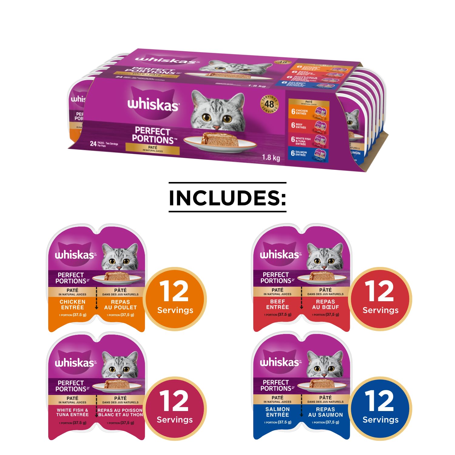 WHISKAS Perfect Portions Adult Wet Cat Food Paté - Chicken, Beef, Whitefish and Tuna, Salmon, 75g Trays (24 pack)