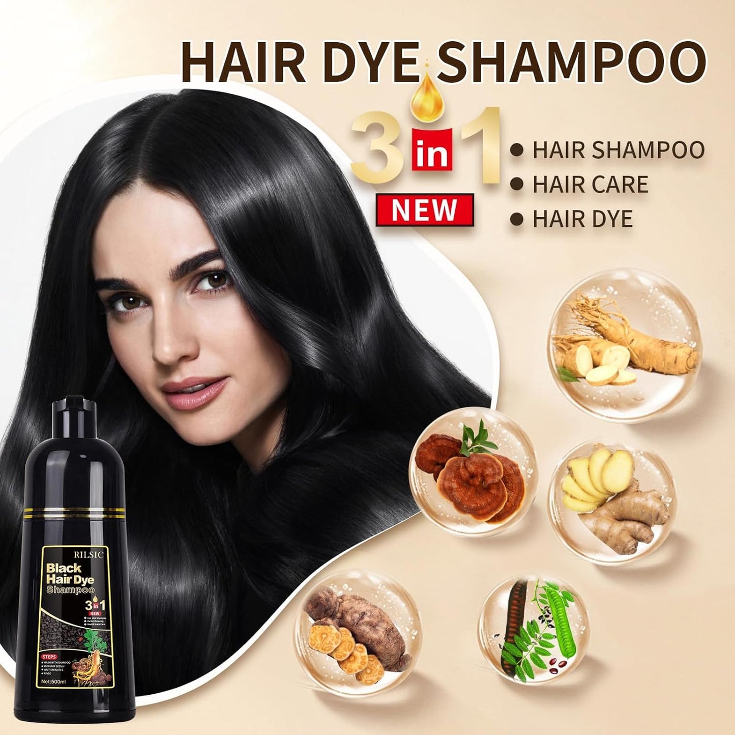 500ML Hair Color Shampoo for Women Men, Hair Dye Shampoo for Grey Hair Beard Coverage, Instant Colour Shampoo 3 in 1 - Long Lasting - Natural - Hair Coloring Hair in Minutes (Natural Black) - Available at All In One Marketplace Canada