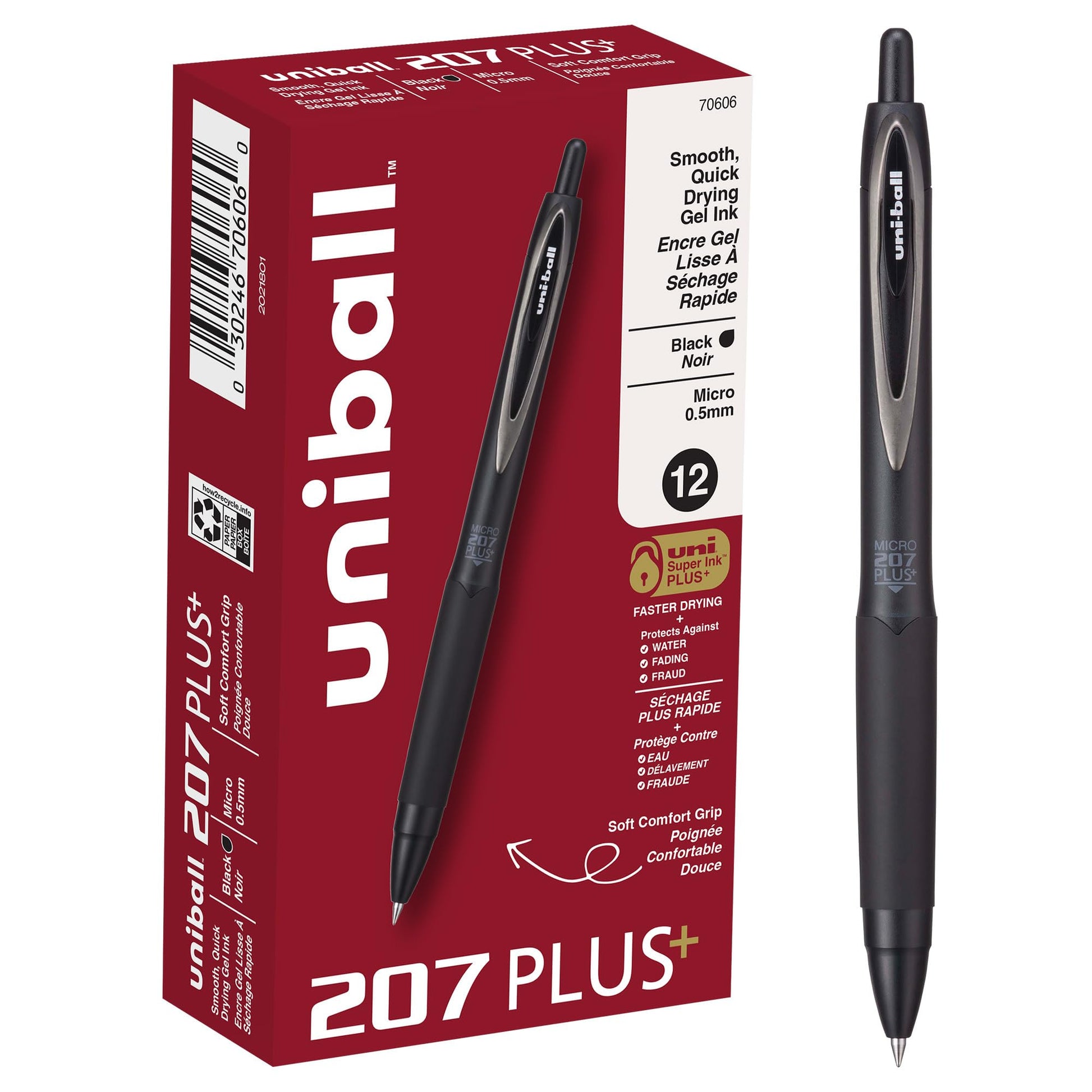 Uniball 207 Plus+ Retractable Gel Pens, Micro Point (0.5mm), Black, 12 Pack Uni-Ball