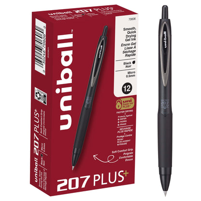 Uniball 207 Plus+ Retractable Gel Pens, Micro Point (0.5mm), Black, 12 Pack Uni-Ball