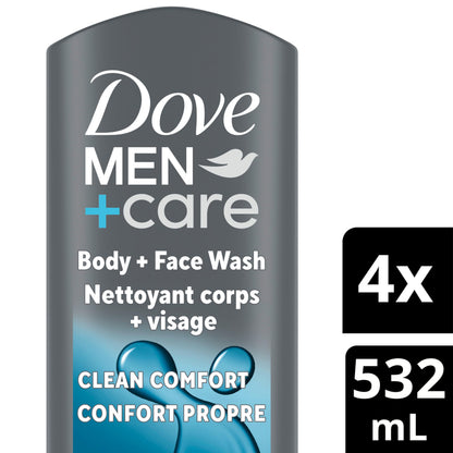 Dove Men+Care Body and Face Wash with 24-hour Nourishing Micromoisture, Clean Comfort, Men's Body Wash, 532mL, Pack of 4 - Available at All In One Marketplace Canada