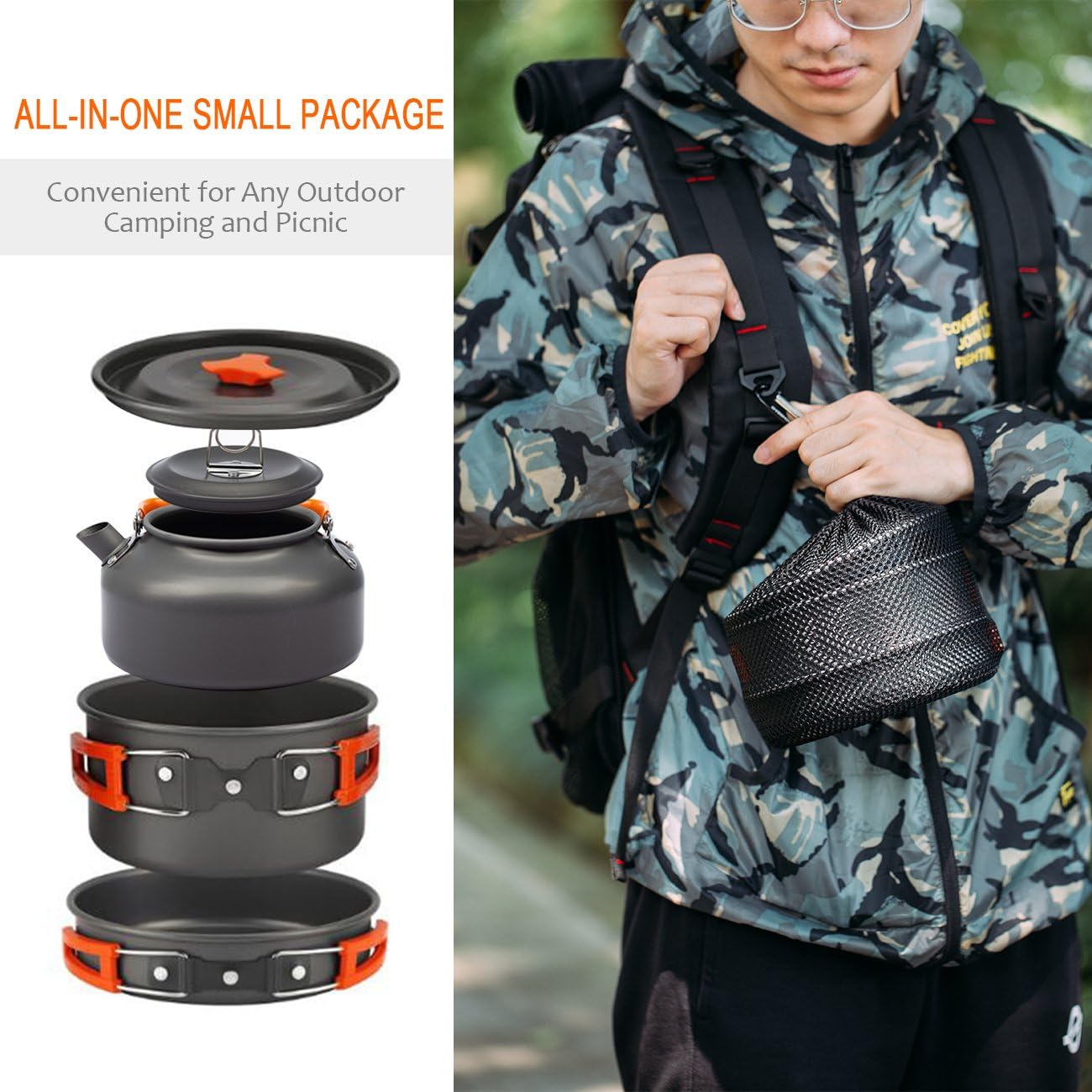 OVERMONT 14 PCS Camping Cookware Outdoor Kitchen Set, Aluminum Portable Kettle Pots and Pans for Camping Hiking and Picnic for 1-3 Person 🍁 All In One Marketplace Canada