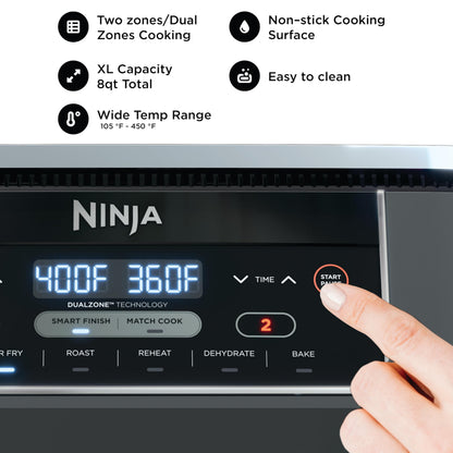 Ninja Foodi 6-in-1 8-qt. (7.6L) 2-Basket Air Fryer DualZone Technology, Match Cook & Smart Finish to Roast, Broil, Dehydrate & More for Quick, Easy Meals, Slate Grey (DZ201C) Canadian Version