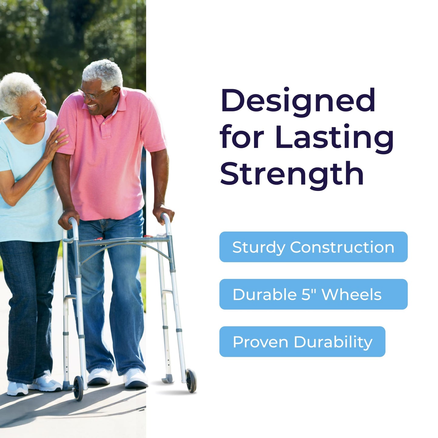 Drive Medical Two-Button Folding Walker w/ Wheels - Lightweight Rolling Mobility Support - Desk Arms - Adjustable Height - Dual Push-Button Operation - 5 Inch Front Wheels - Durable Aluminum - Silver Drive Medical