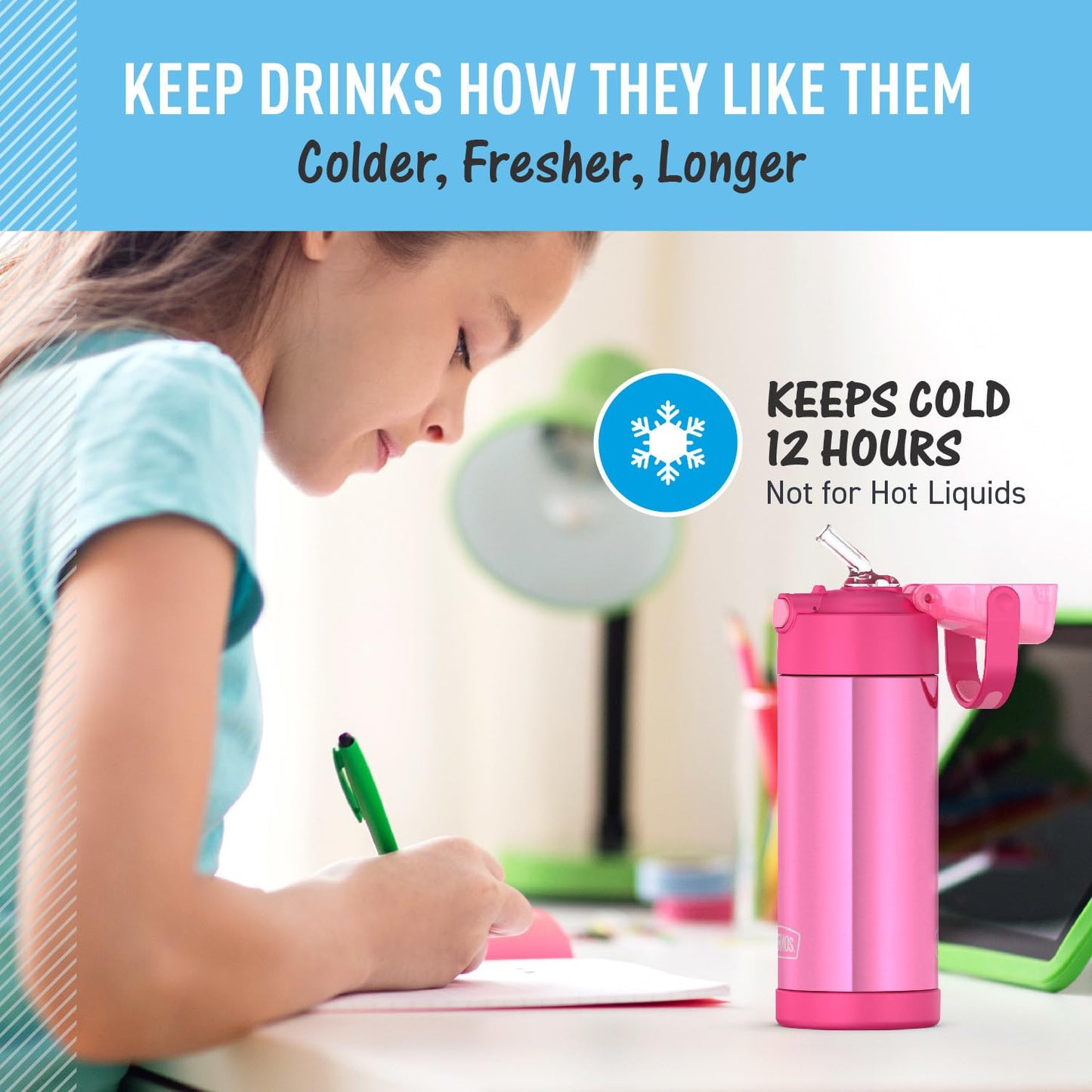 THERMOS FUNTAINER Water Bottle with Straw, 14oz, Pink