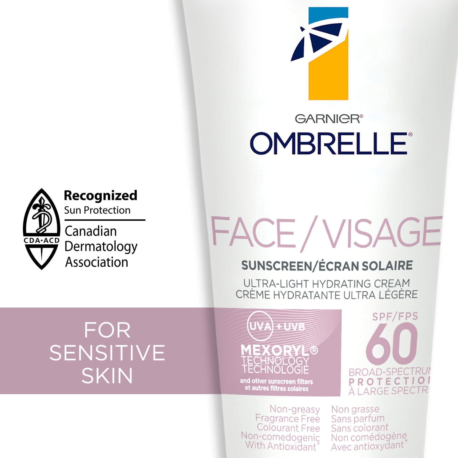 Garnier Ombrelle Ultra Light Face Sunscreen Lotion SPF 60, Broad Spectrum UVA/UVB Very High Protection, For Sensitive Skin, Travel size, Non-Greasy, Non-Sticky, Water Resistant, 75ml - Available at All In One Marketplace Canada