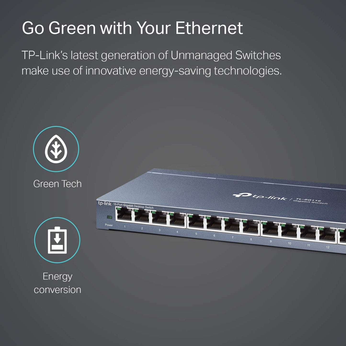 TP-Link 16 Port Gigabit Ethernet Network Switch, Desktop and Wall-Mount, Fanless, Sturdy Metal with Shielded Ports, Traffic Optimization, Unmanaged, Limited Lifetime Protection (TL-SG116) TP-Link
