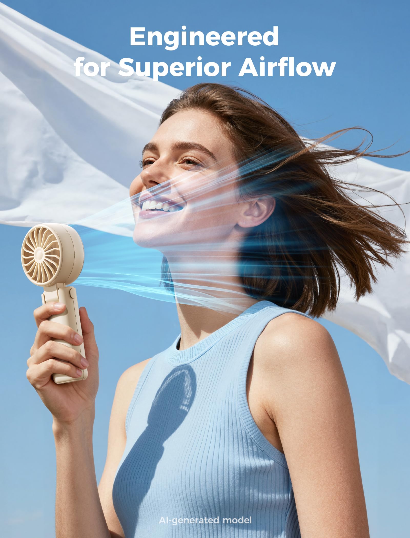 Aecooly Mighty Portable Hand Fan, 3 IN 1 USB Rechargeable Handheld Fan, [20H Max Cooling Time], 5-Speed Wind, LED Display, Mini Foldable Personal for Travle, Summer, Gifts for Women-Beige - Available at All In One Marketplace Canada