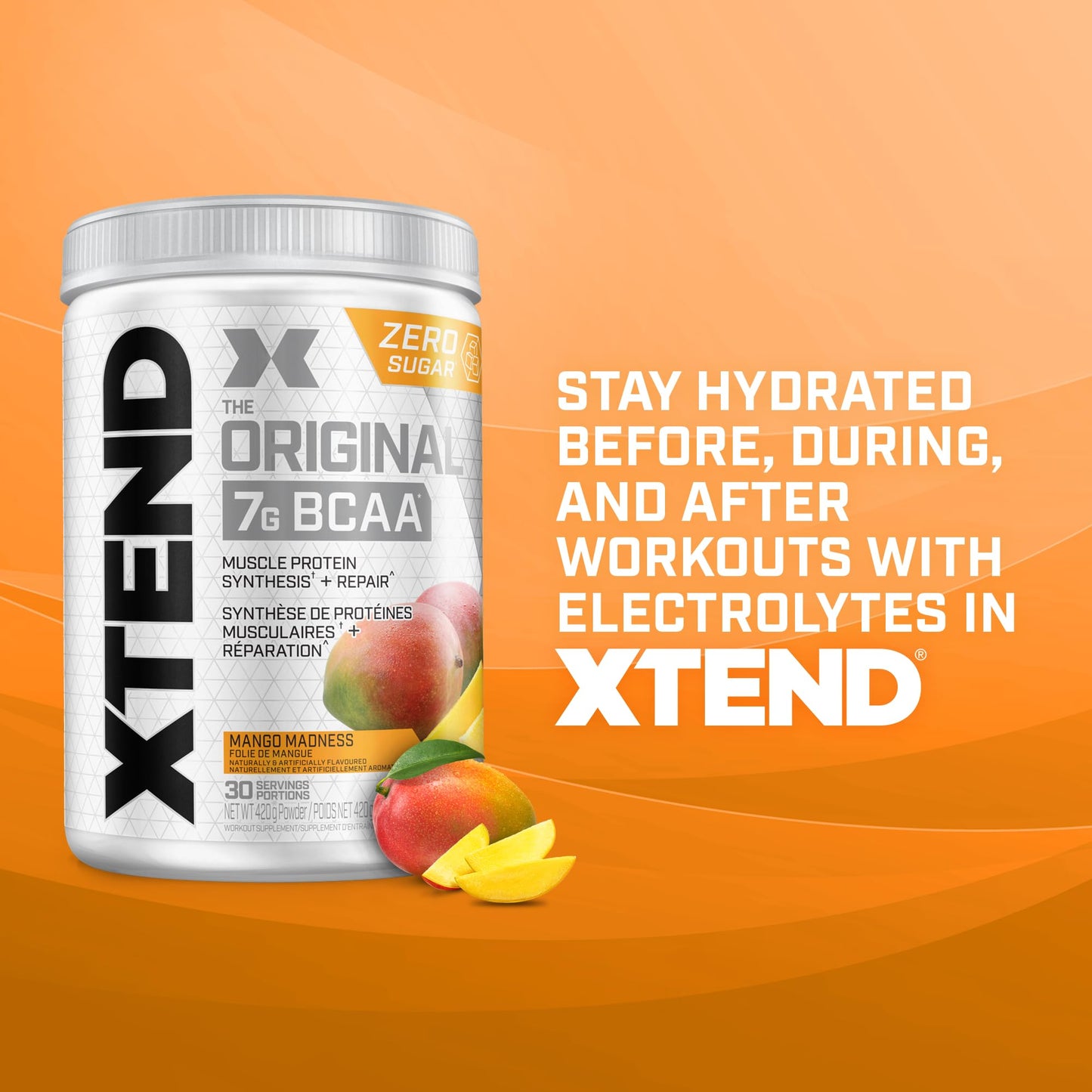 Scivation XTEND Original BCAA Powder - Sugar-Free Muscle Recovery with 7g BCAA, 2.5g L-Glutamine - Mango Madness, 30 Servings Scivation