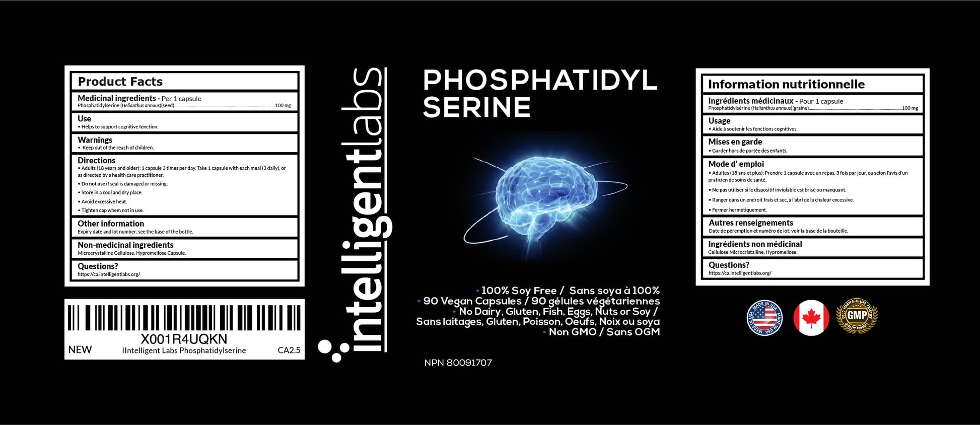 Intelligent Labs Phosphatidylserine Supplement 100mg | 90 High Strength Capsules | 100% Soy and Allergen Free | Pure Phosphatidylserine from Sunflower Lecithin - Available at All In One Marketplace Canada