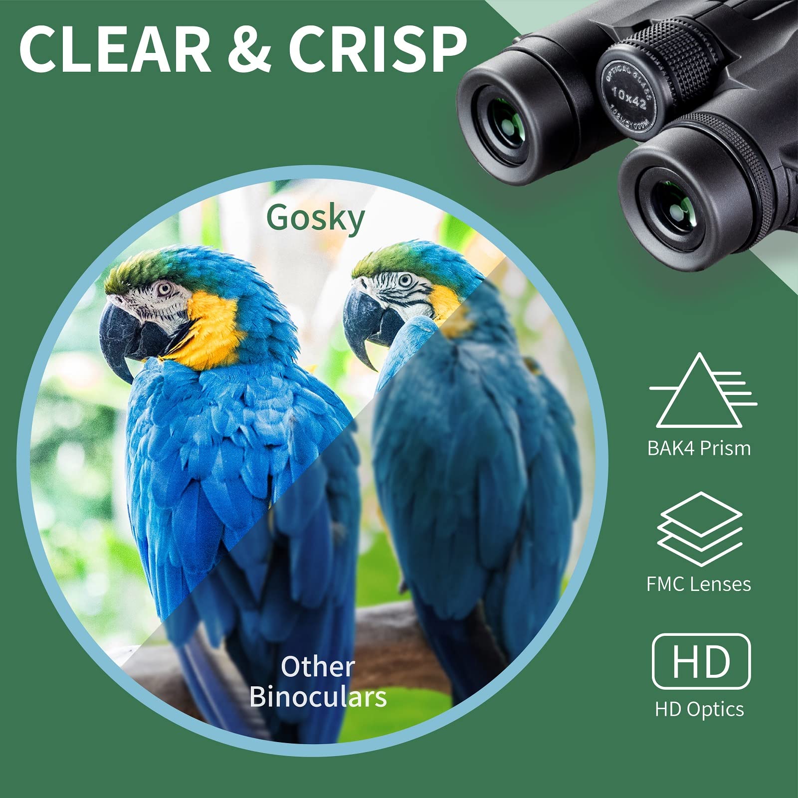 Gosky 10x42 HD Roof Prism Binoculars for Adults with Phone Adapter & Tripod Gosky