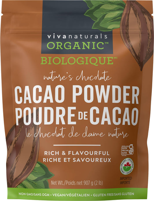 Viva Naturals Organic Cacao Powder, 2lb - Unsweetened Cocoa Powder With Rich Dark Chocolate Flavour, Perfect for Baking & Smoothies - Certified Vegan, Keto & Paleo, Gluten-Free & Non-GMO, 907 g