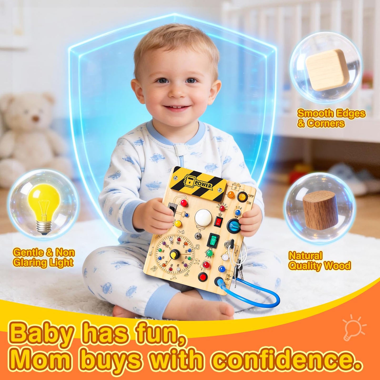 Busy Board Plus Version with 23 LED Lights, Montessori Sensory Fidget Toys for Toddlers 1-3, Wooden Educational Activity for Fine Motor Skills, Quiet Airplane Travel Must Haves for 1 2 3+ Year Old