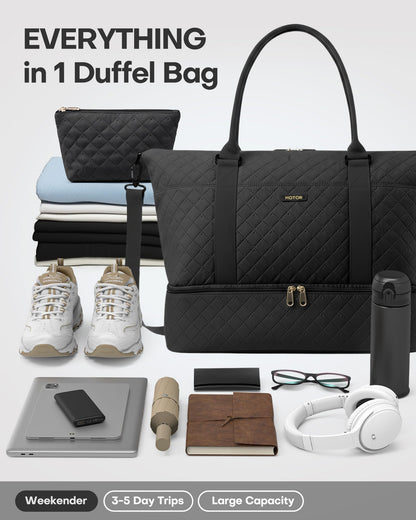 HOTOR Travel Duffel Bag - Large Weekender Bags for Women, Carry On Bag with Shoe Compartment, Overnight Bag with Toiletry Bag for Travel Essentials and Travel Accessories, Black, 34.0 x 45.0 x 20.0 cm - Available at All In One Marketplace Canada
