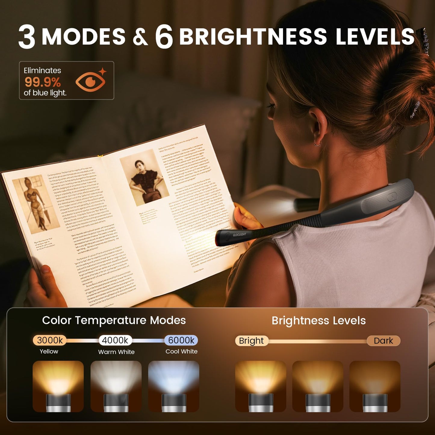 Glocusent Book Light, 3 Color Temperatures Reading Light, Bendable Neck Light, 80 Hrs Lasting Rechargeable Book Light for Reading in Bed, Knitting, Camping, Repairing, Avid Reader Gift
