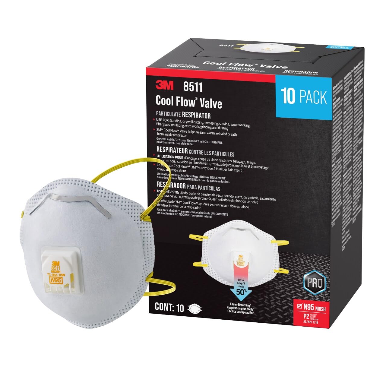 3m Pro Paint Sanding Vented Respirators, 8511, 10 Masks (n95) - Available at All In One Marketplace Canada
