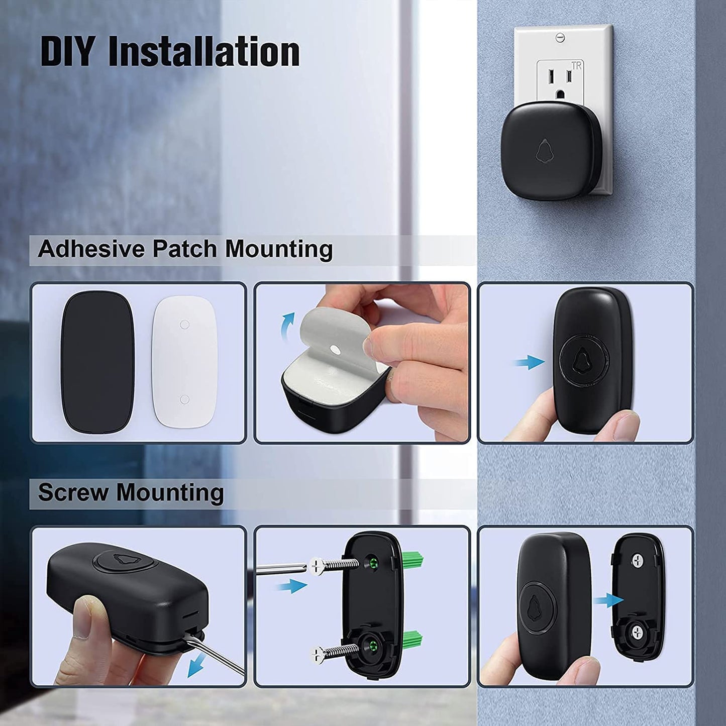 SECRUI Doorbell, Wireless Doorbell with 2 Receivers, Easy Installation, Adjustable Volumes, 58 Chimes, 1000Ft Operating Range, LED Indicator, Black