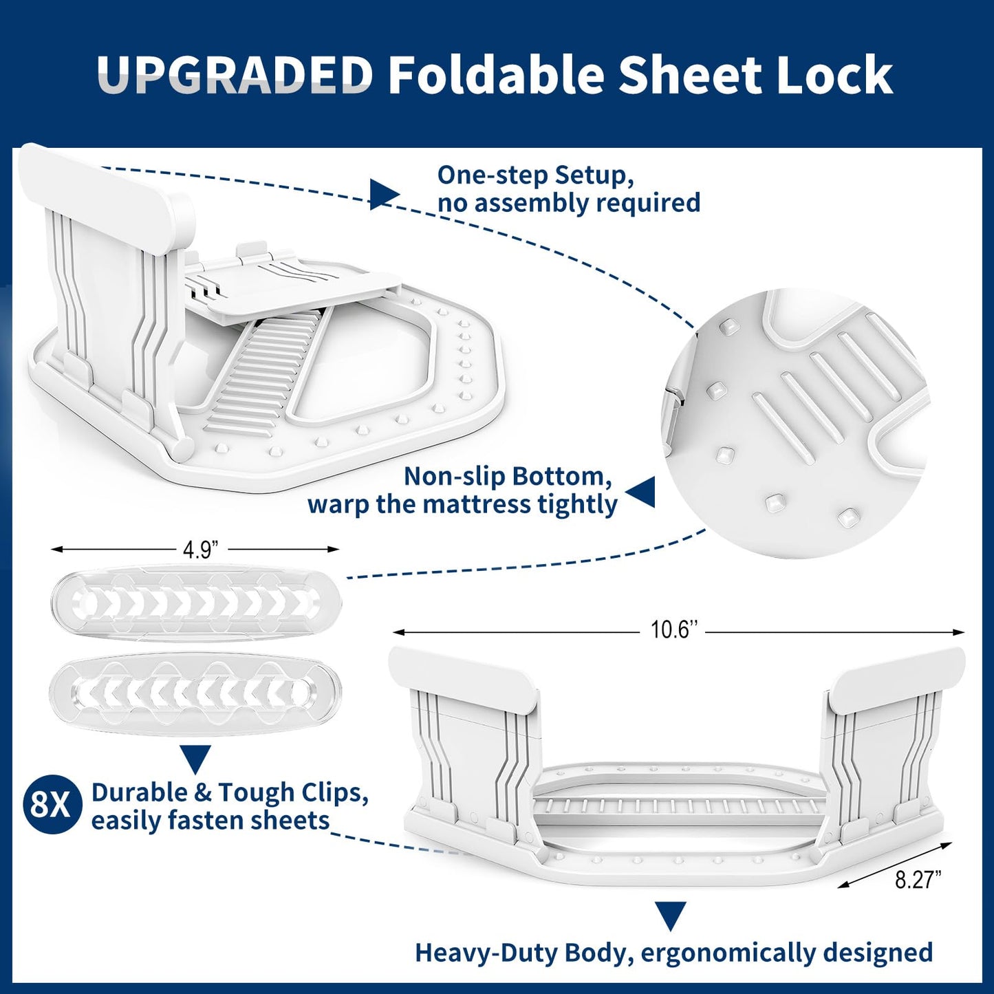AMOVO Bed Sheet Holders for Corners Keep Sheets in Place Firmly - Foldable Fitted Sheet Holders Heavy Duty Sheet Locks Mattress Sheet Fasteners, Set of 4 Lock Sheet Clips (White) - Available at All In One Marketplace Canada