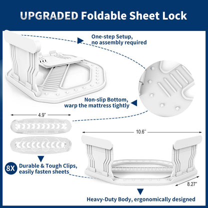 AMOVO Bed Sheet Holders for Corners Keep Sheets in Place Firmly - Foldable Fitted Sheet Holders Heavy Duty Sheet Locks Mattress Sheet Fasteners, Set of 4 Lock Sheet Clips (White) - Available at All In One Marketplace Canada