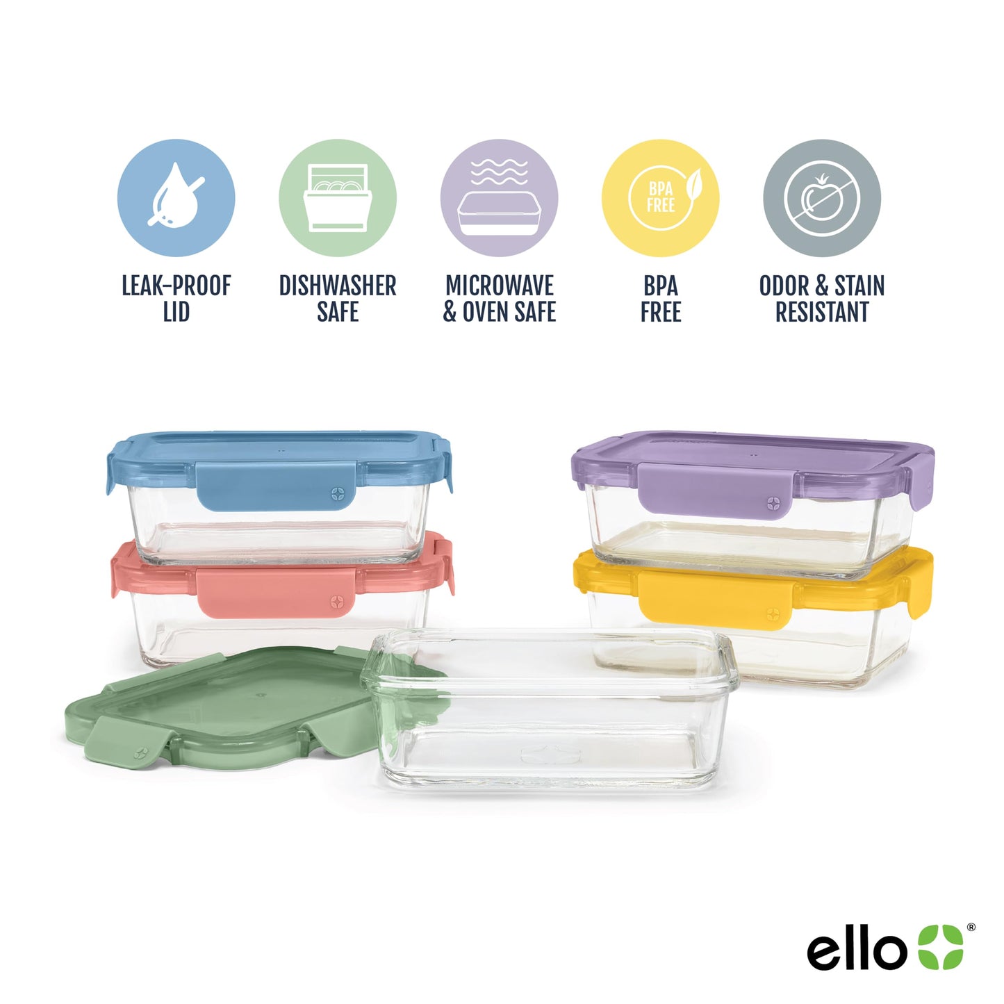 Ello Color Lock 3.4 Cup 10PC, 5 Pack Glass Meal Prep Sets Leak-Proof Glass Food Storage Containers with Airtight BPA-Free Plastic Lids, Dishwasher, Microwave, and Freezer Safe, Desert Festival 🍁 All In One Marketplace Canada Ello