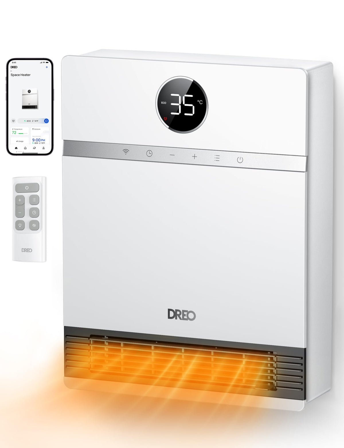 DREO Smart Wall Heater, IP24 Electric PTC Space Heater for Indoor Use, 30° Oscillation, Adjustable Thermostat, Remote Control, Works with Alexa, 24H Timer, Easy-mounted Heater for Bedroom, Office