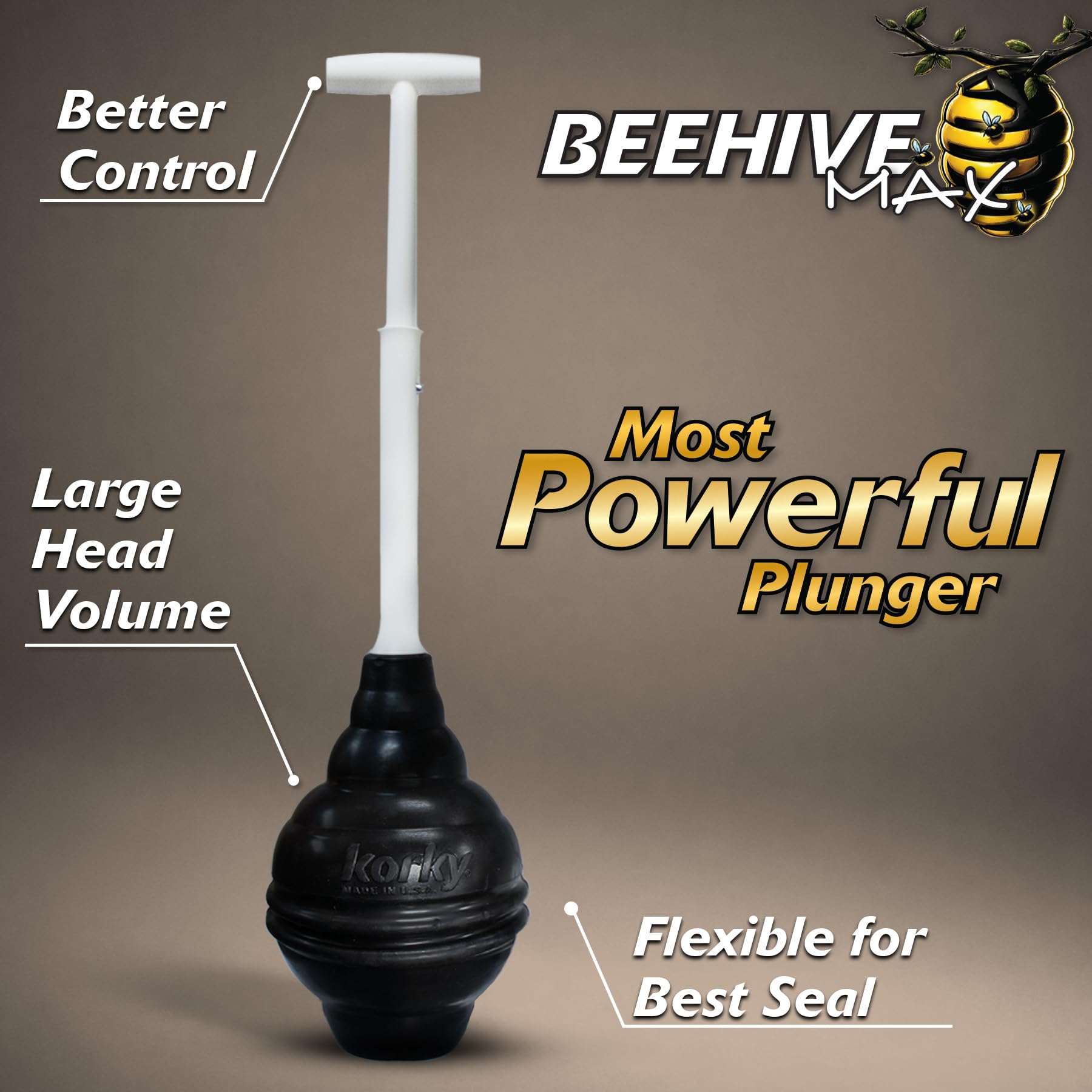 Korky BeehiveMAX Heavy Duty Toilet Plunger - Seals All Bowl Shapes – Powerful Clog Removal Korky