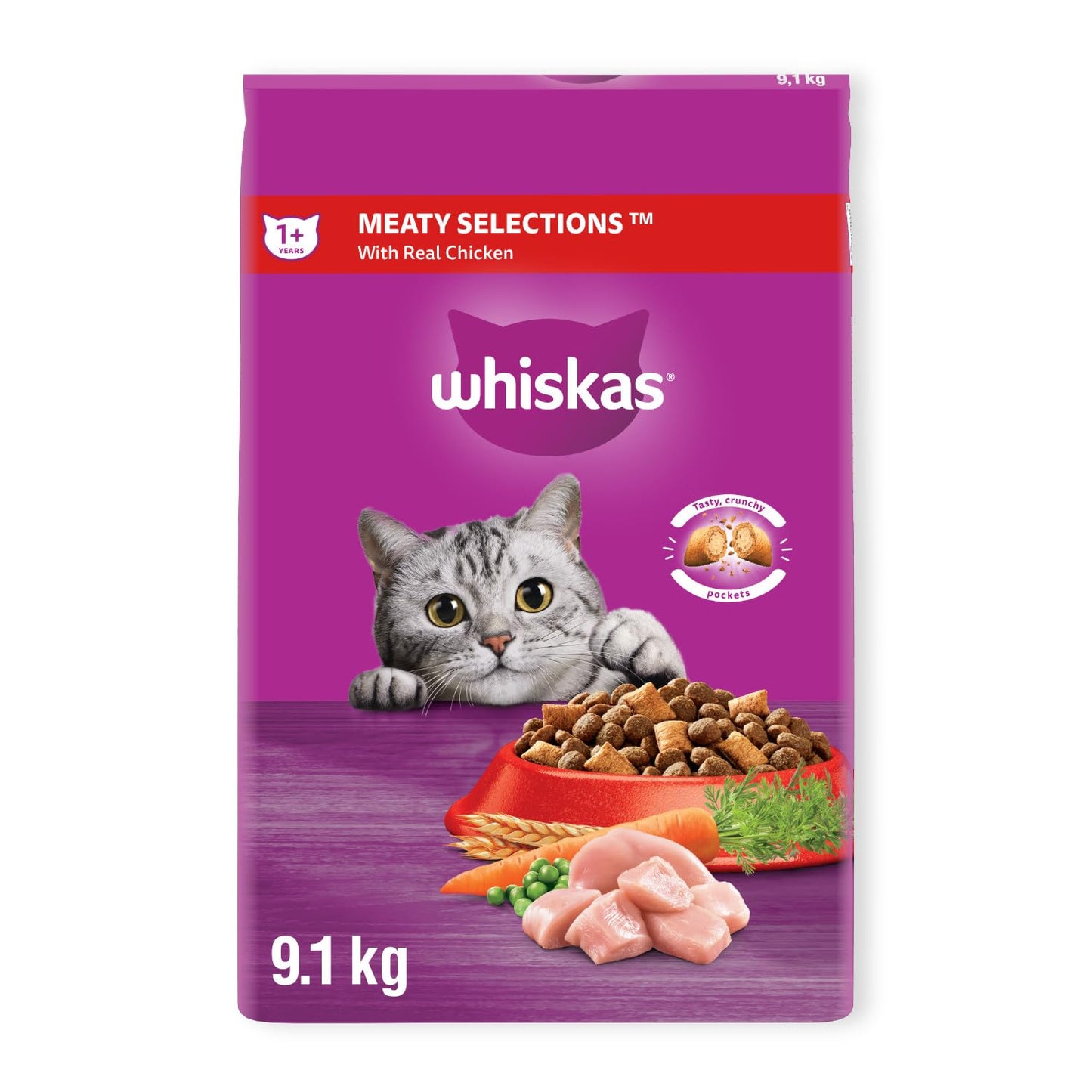 WHISKAS Meaty Selections Dry Cat Food with Real Chicken, Large 9.1kg Bag