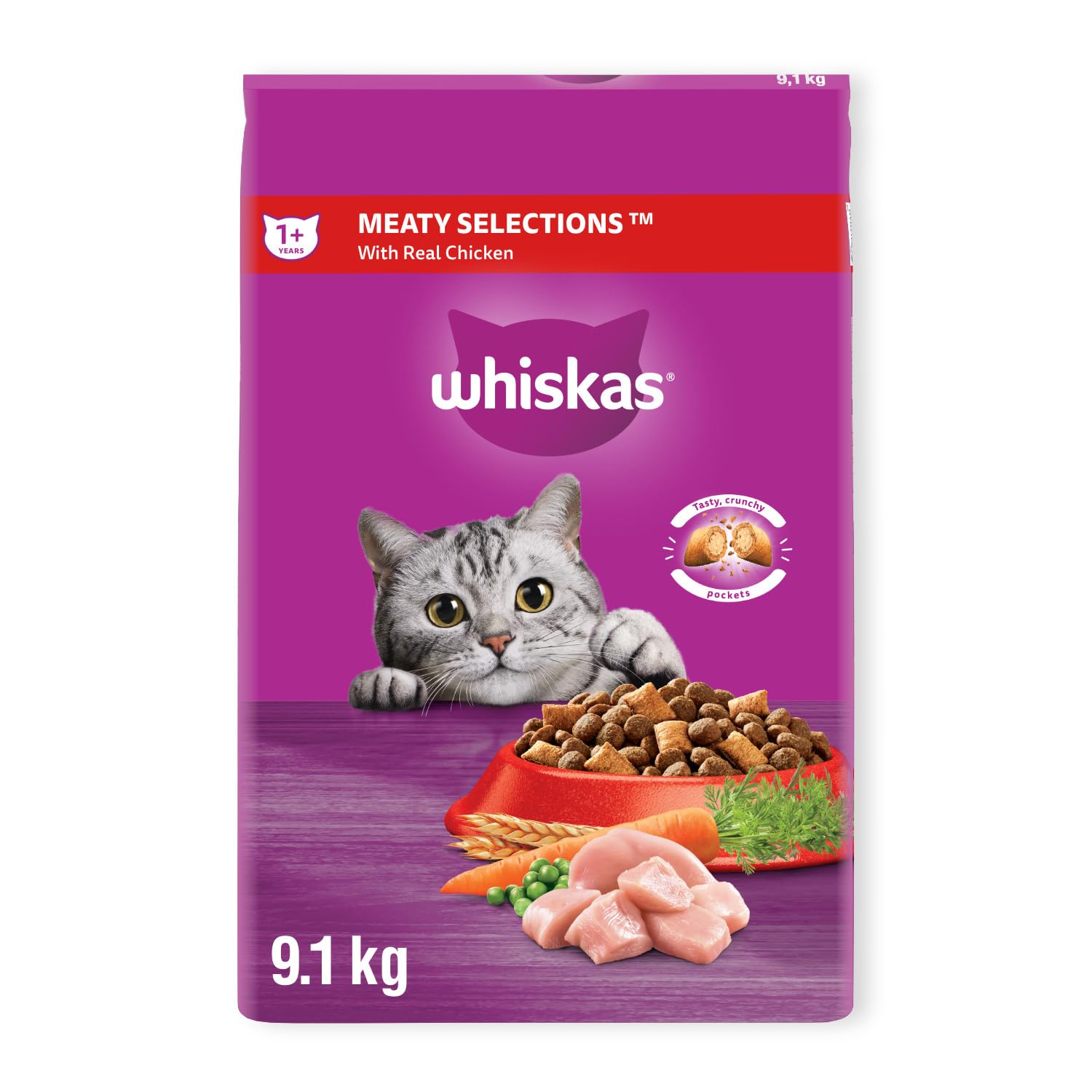 WHISKAS Meaty Selections Dry Cat Food with Real Chicken, Large 9.1kg Bag