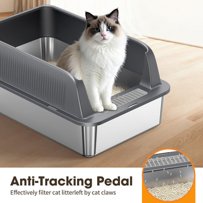 XL Stainless Steel Cat Litter Box with High Sides Lid, Large Litter Box for Big&Multiple Cats, Metal Kitty Litter Boxes with Anti-Leakage Enclosure,Non-Stick,Scoop Included - Available at All In One Marketplace Canada