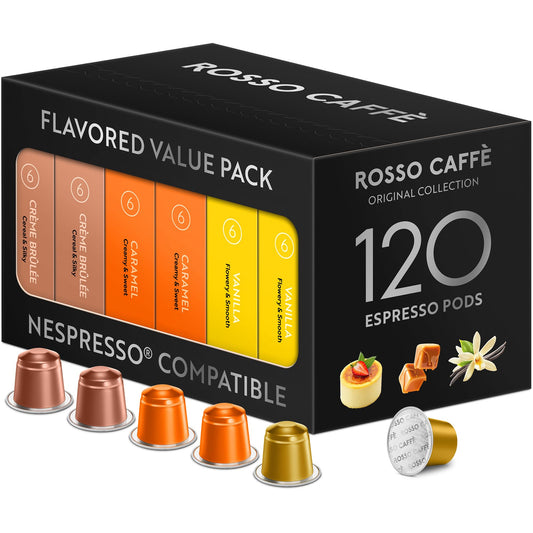 ROSSO CAFFÈ 120 Espresso Capsules for Nespresso Original Machines – Premium Flavored Coffee Pack with Vanilla, Crème Brûlée & Caramel