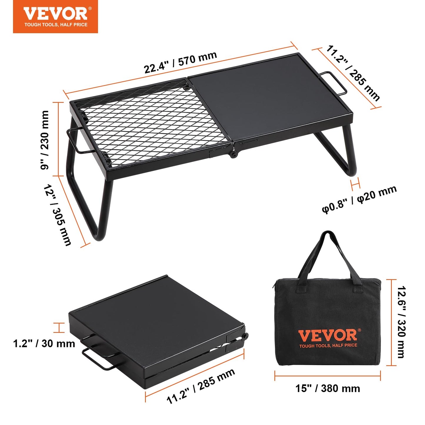 VEVOR Folding Campfire Grill, Heavy Duty Steel Mesh Grate, 22.4" Portable Camping Grates Over Fire Pit, Camp Fire Cooking Equipment with Legs Carrying Bag, Grilling Rack for Outdoor Open Flame Cooking VEVOR