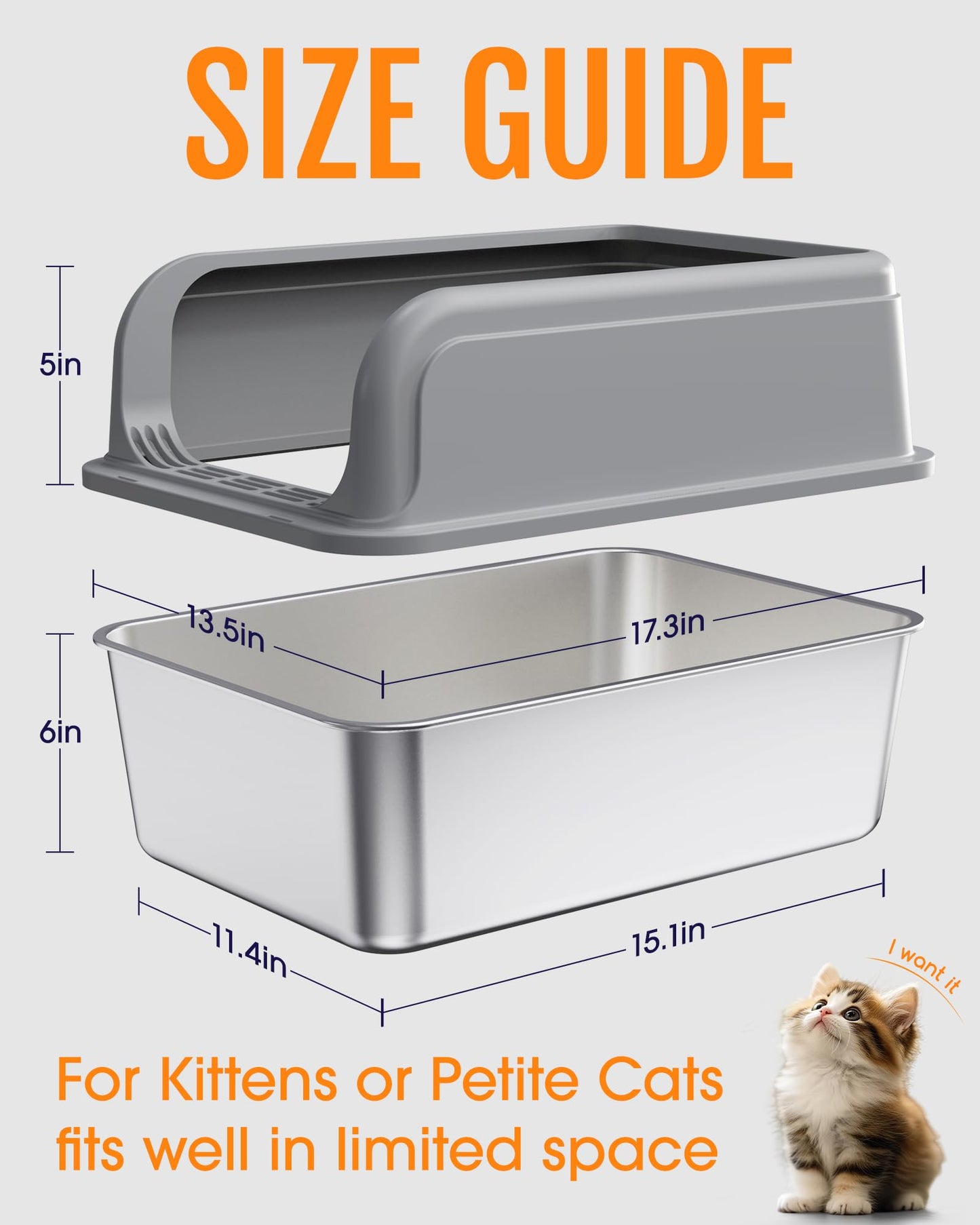 Powools Stainless Steel Cat Litter Box for Kittens, Metal Kitty Litter Box with Scoop, Anti-Leakage Top Entry, Non-Sticky, Easy to Clean, Grey, M (1 Pack) - Available at All In One Marketplace Canada