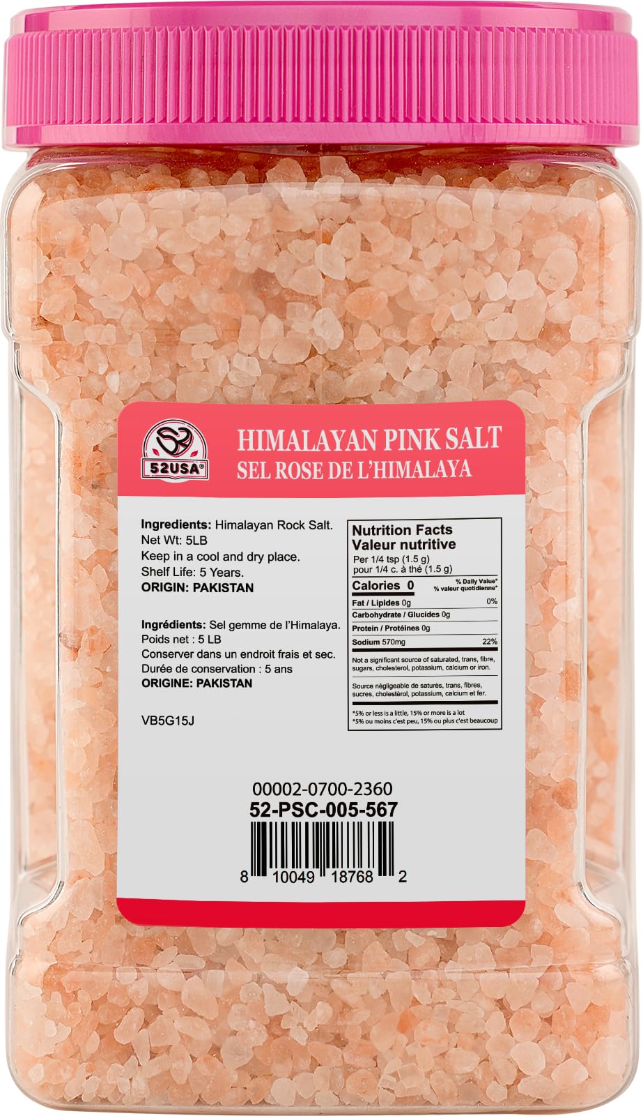 52USA Himalayan Pink Salt Coarse - 5 Pound Bulk, 80+ Minerals, Pure Unrefined