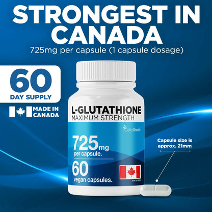 CelluGreen 725mg L-Glutathione MOST POWERFUL AVAILABLE Antioxidant Support for Cellular Health, Liver Detox, Skin & Immune Health, Vegan, Made in Canada. 60 Capsules - Available at All In One Marketplace Canada