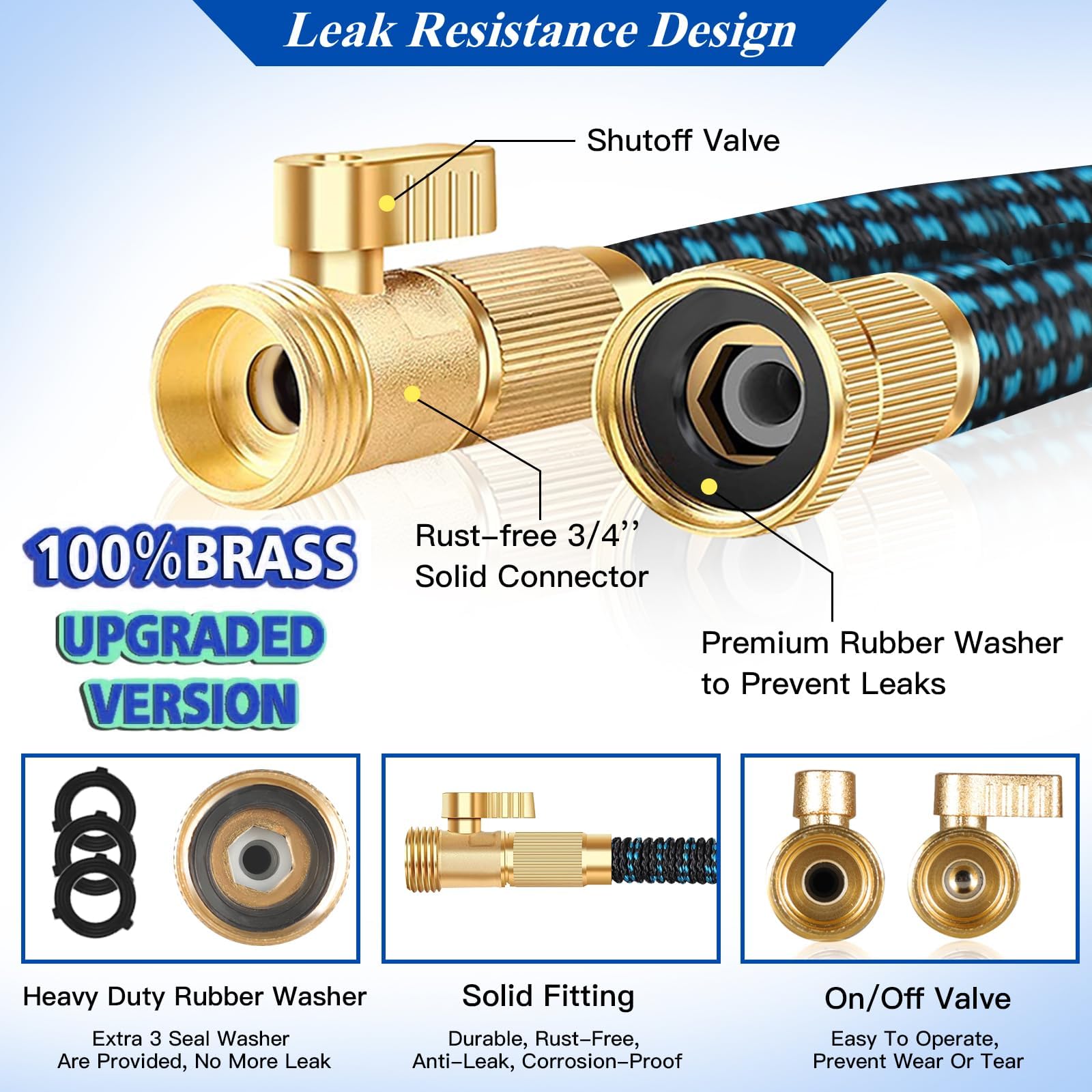 100ft Expandable Garden Hose Water Hose - Kink Free Flexible Expending Hose 100ft with 10 Function Nozzle and 3-Layers Latex, 3/4 Solid Solid Fittings, Lightweight Pipe (Blue)