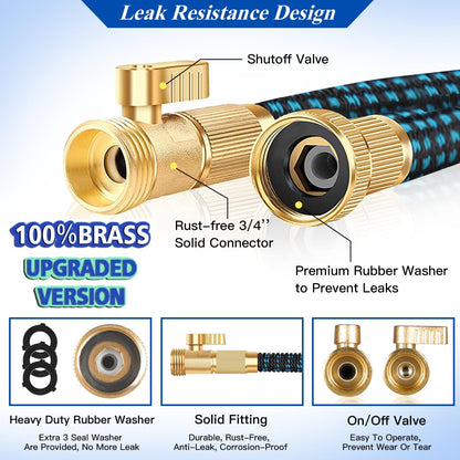 100ft Expandable Garden Hose Water Hose - Kink Free Flexible Expending Hose 100ft with 10 Function Nozzle and 3-Layers Latex, 3/4 Solid Solid Fittings, Lightweight Pipe (Blue)