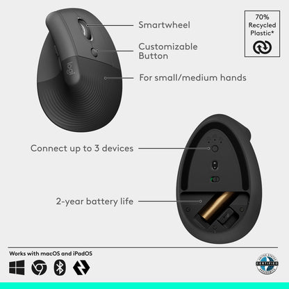 Logitech Lift Vertical Ergonomic Mouse, Wireless, Bluetooth or Logi Bolt USB Receiver, Quiet clicks, 6 Buttons, Compatible with Windows/macOS/iPadOS, Laptop, PC - Graphite - Available at All In One Marketplace Canada