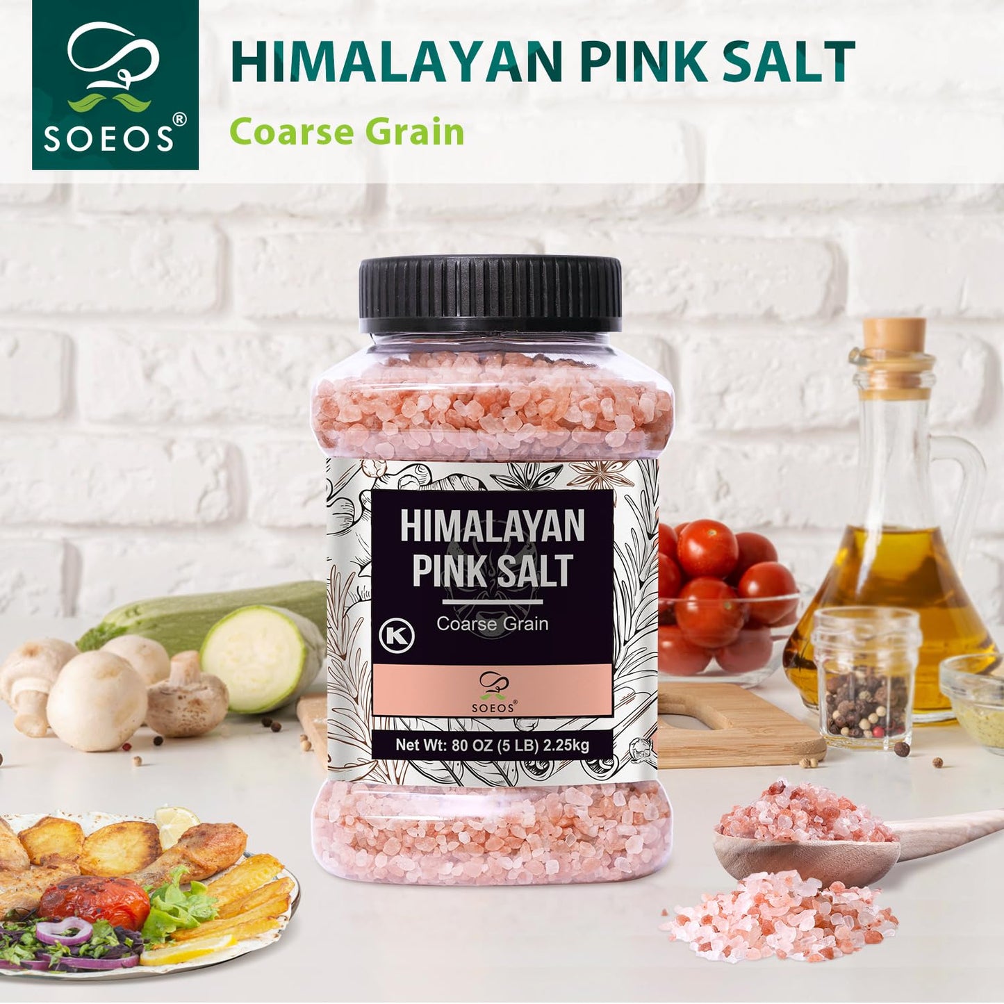 Soeos Himalayan Pink Salt 80oz (2.25kg) - Coarse Grain, Pure Crystal for Grinders